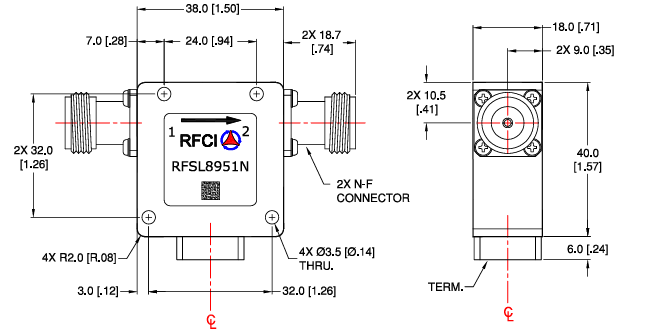 RFCI RFSL8951N 20W N型隔離器尺寸圖 RFCI RFSL8951N 20W N型隔離器尺寸圖